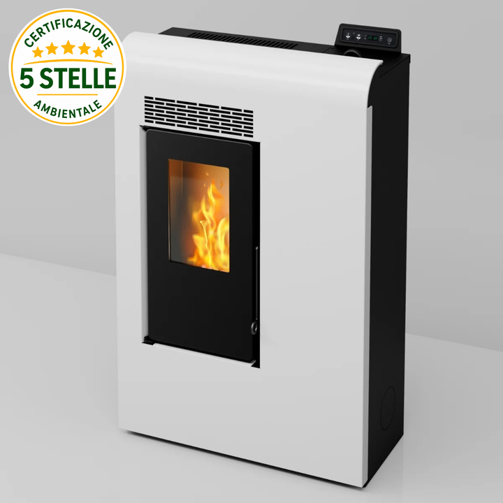 Liva 9 – Stufa a Pellet Compatta e Ventilata | 8,9 kW – 5 Stelle | Colore Bianco