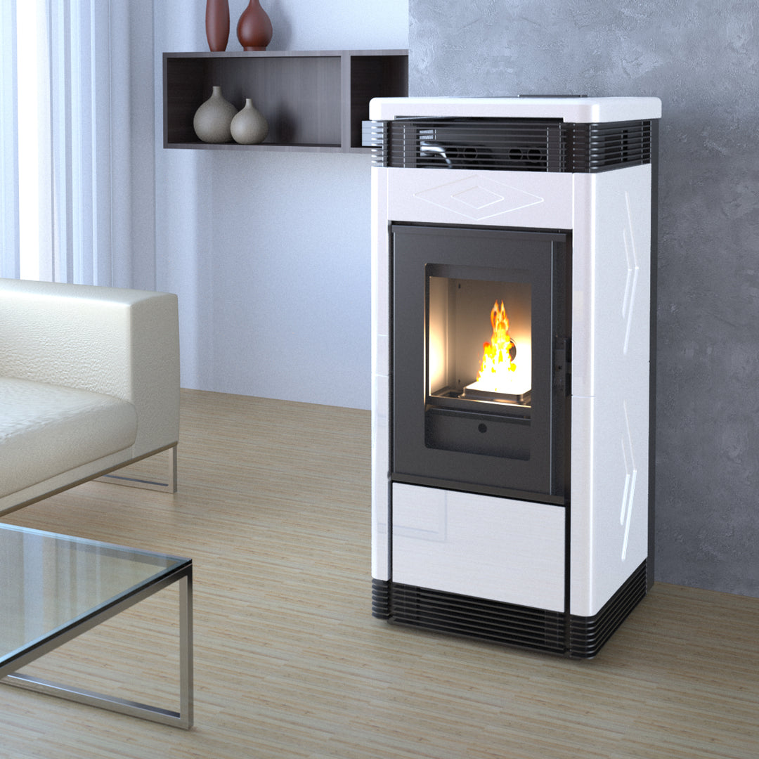Sira 15,2 kW – Classe A+ | Stufa a Pellet con Doppia Canalizzazione in Maiolica | Colore Bianco