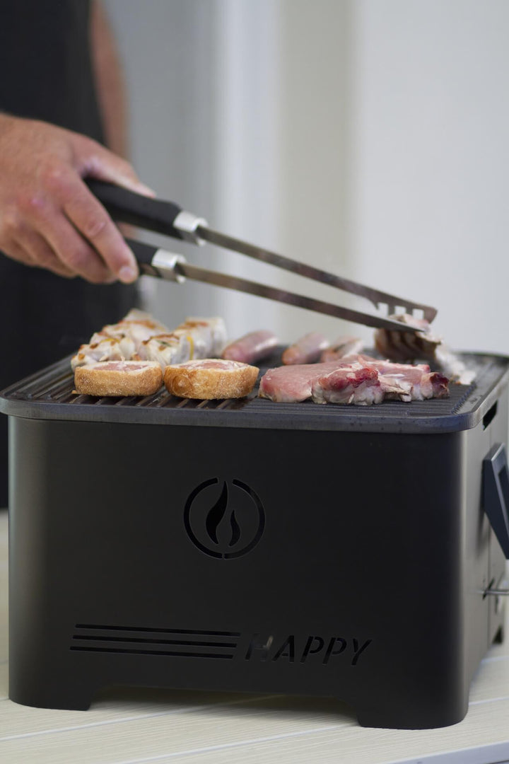 Happy Nero - Barbecue a Pellet Portatile 35x35 Pirolitico - con Piastra in Ghisa Bifacciale
